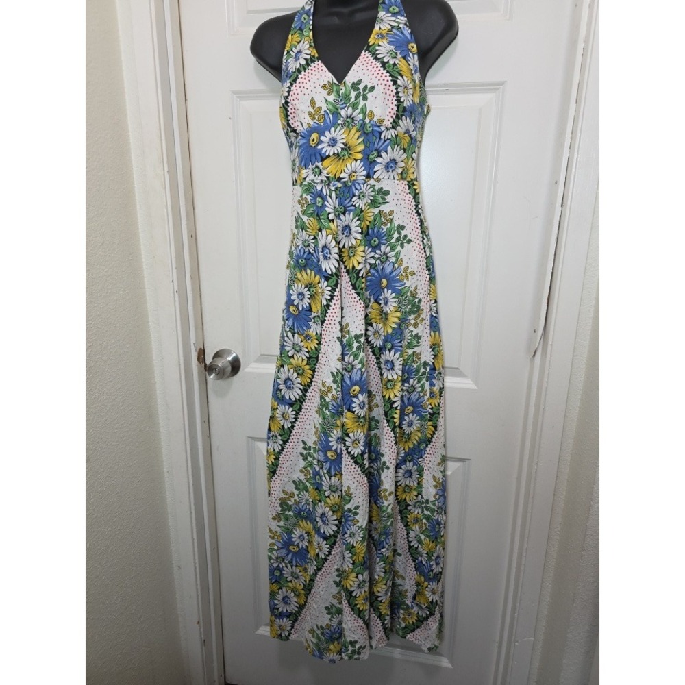 Anthropologi Floral Halter Maxi Dress Women 2 White Blue Yellow Boho Summer - Picture 7 of 12